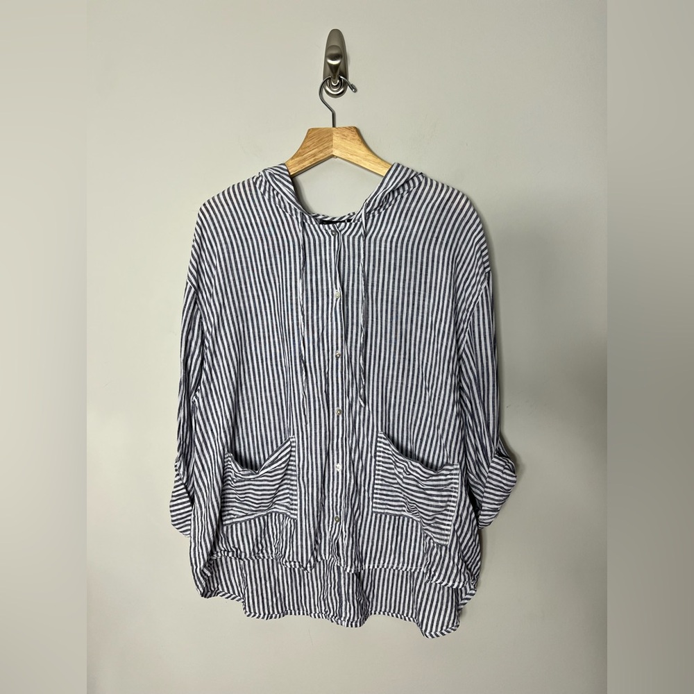 Tahari 100% Linen Hooded Button Front Shirt Striped Blue White Size 2X  *X